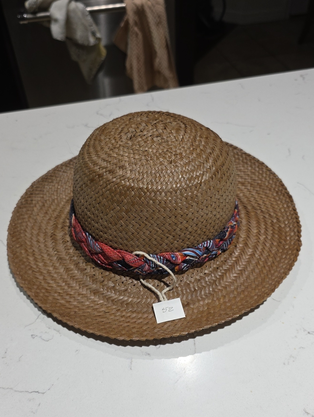 Woven Straw Sun Hat with Braided Scarf Band - Brown 100% Coconut Palm